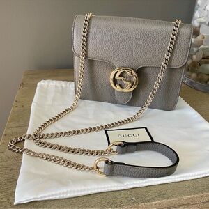GUCCI Dollar Calfskin Interlocking GG Leather Shoulder Bag - Gray